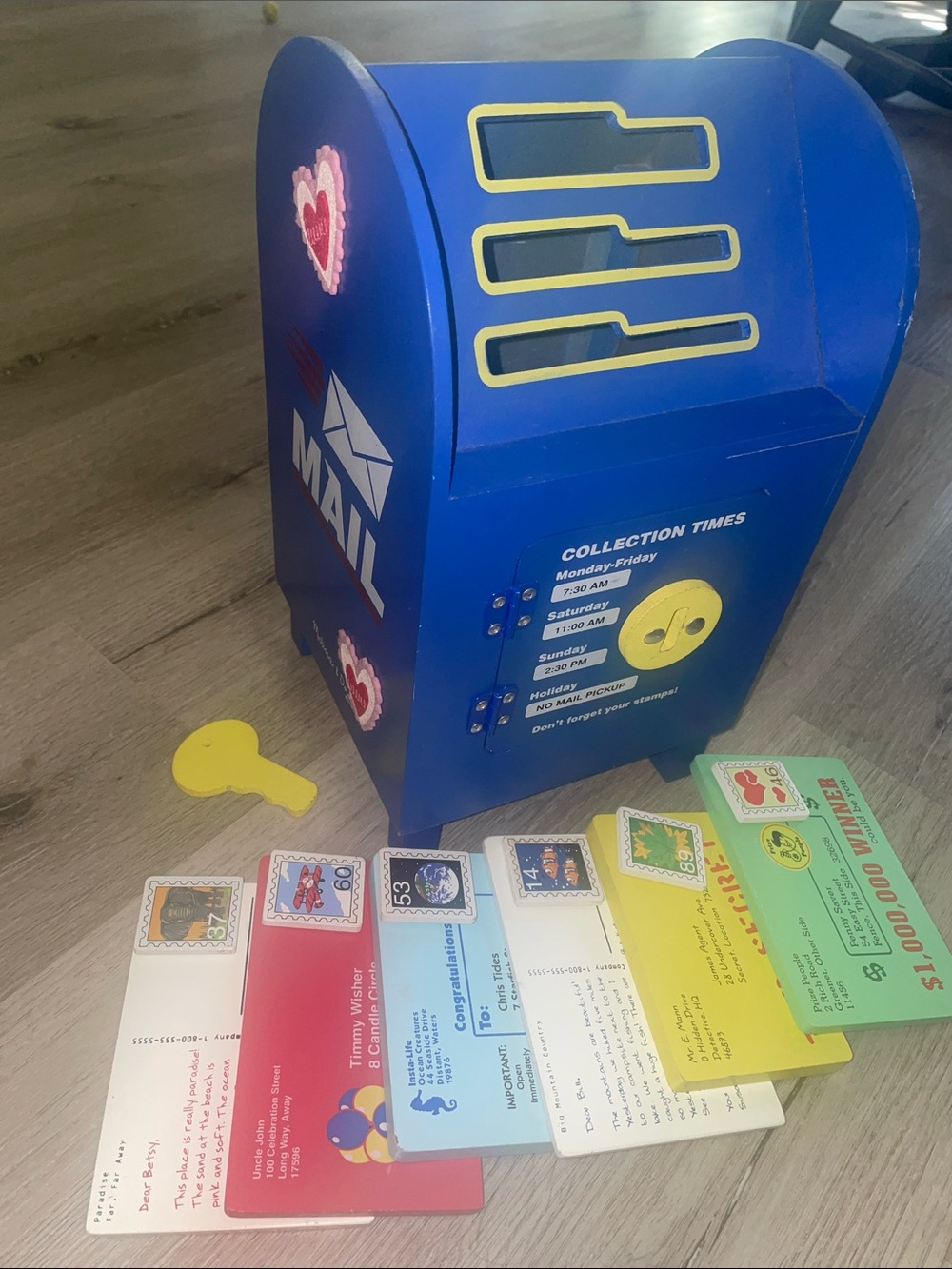 Melissa & Doug Wooden Mailbox Toy | Blue Play Mail Station | 14-Piece Set